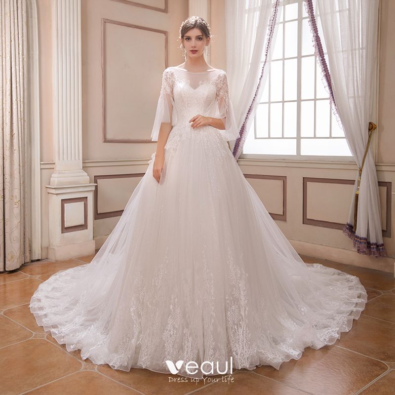 Bling Bling Ivory See Through Wedding Dresses 2018 Ball Gown Scoop
