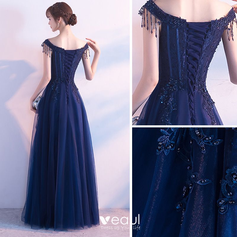 Modern / Fashion Navy Blue Evening Dresses 2017 A-Line / Princess V ...