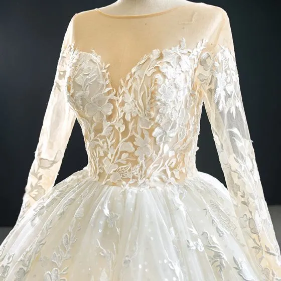 Best Ivory Outdoor Garden Wedding Dresses 2020 Ball Gown See Through Scoop Neck Long Sleeve 5094