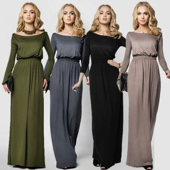 Modest / Simple Casual Maxi Dresses 2019 Pleated Square Neckline Long ...