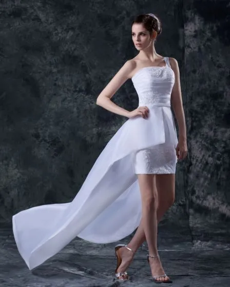 Taffeta Asymmetric Applique Strapless Short Bridal Gown Wedding Dress