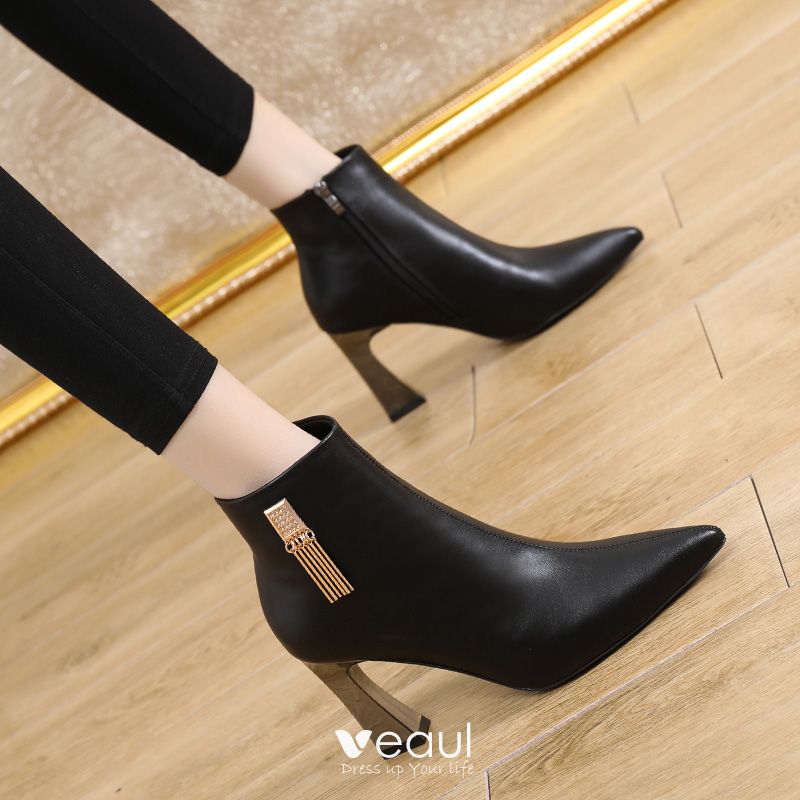 Women's Stiletto High Heel Ankle Boots with Tassel Pointy Toe