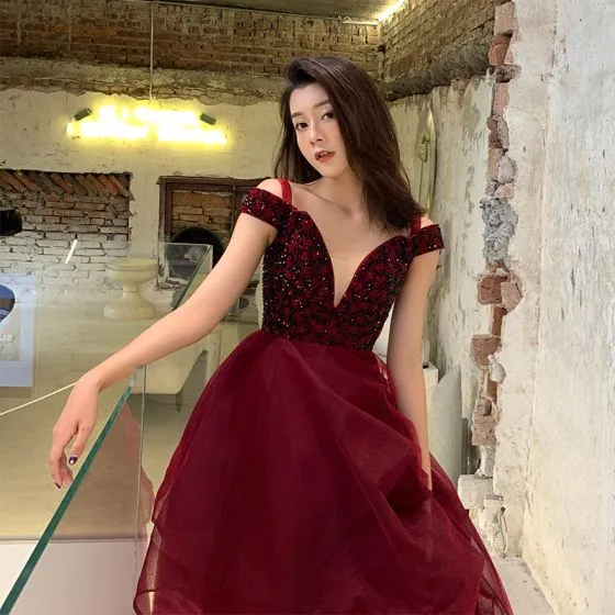 Elegant Burgundy Evening Dresses 2019 A-Line / Princess V-Neck Short ...