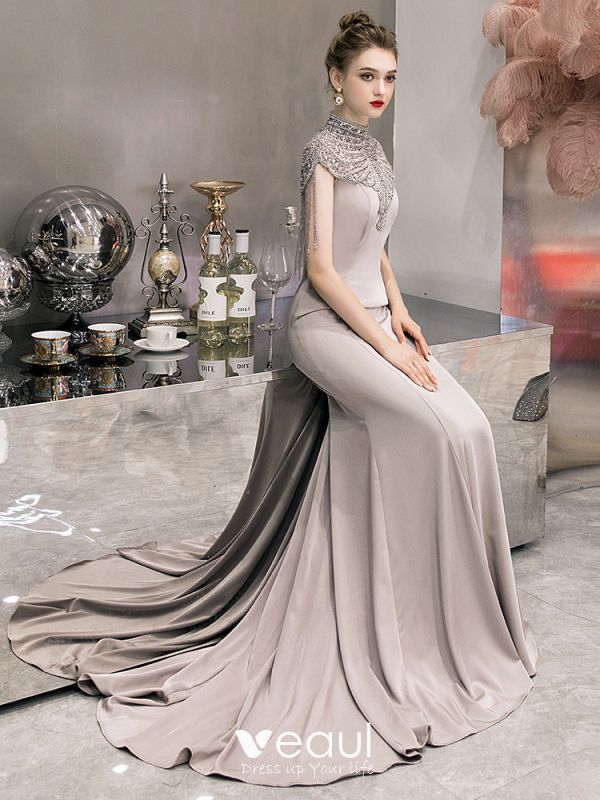 Magn fico Gris Vestidos de noche 2019 Trumpet Mermaid Cuello