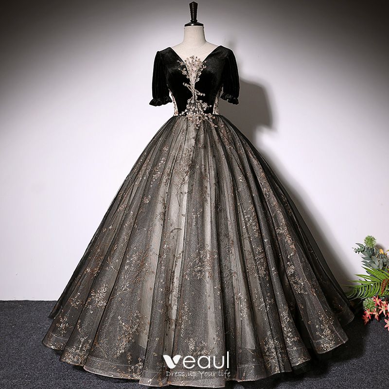 Elegant Black Suede Prom Dresses 2022 Ball Gown Scoop Neck Bell sleeves ...