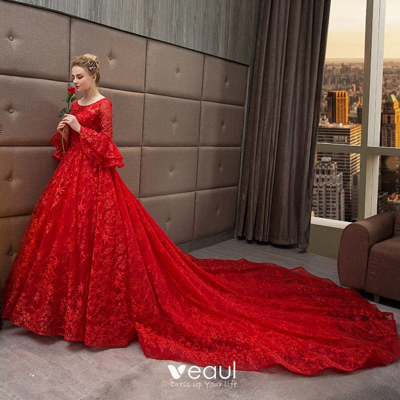 Malawi Forfalske Sanktion Chic / Beautiful Red Wedding Dresses 2018 Ball Gown Star Scoop Neck Long  Sleeve Backless Cathedral Train Wedding