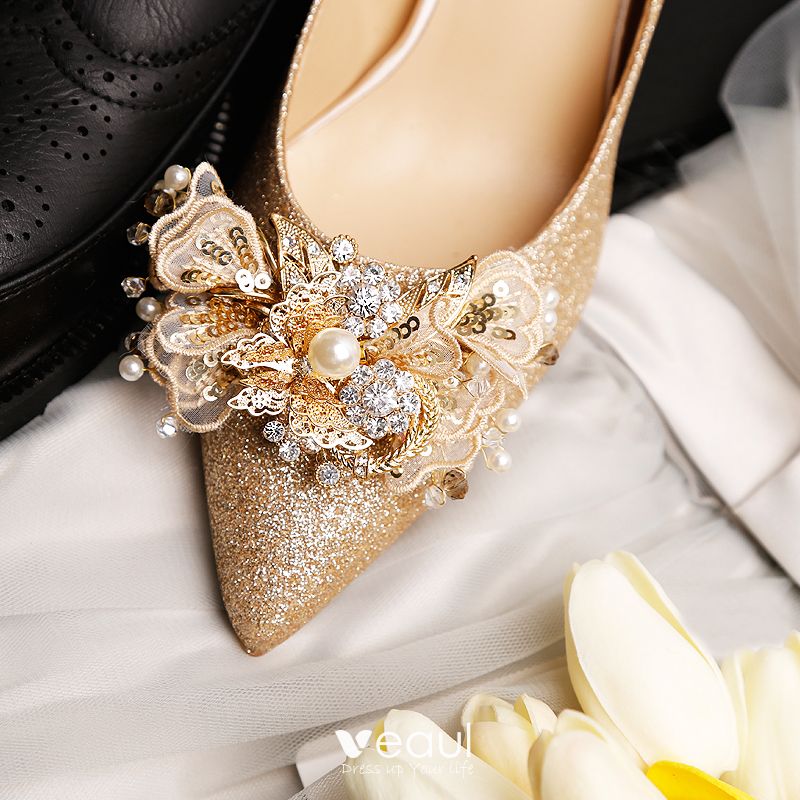 Sparkly Gold Wedding Shoes 2019 Ankle Strap Rhinestone Sequins 9