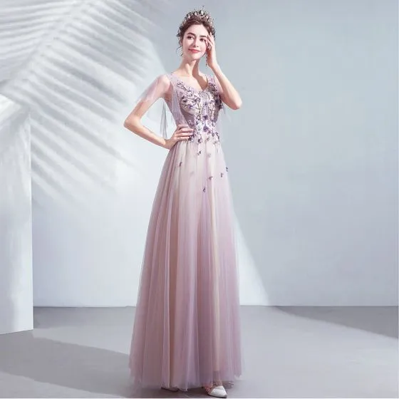 Chic / Beautiful Purple Prom Dresses 2020 A-Line / Princess V-Neck ...