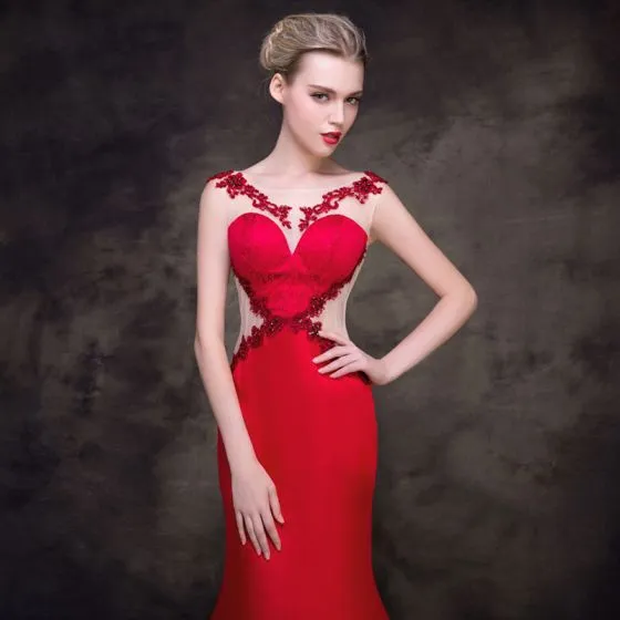 Modern / Fashion Red See-through Evening Dresses 2018 Trumpet / Mermaid ...