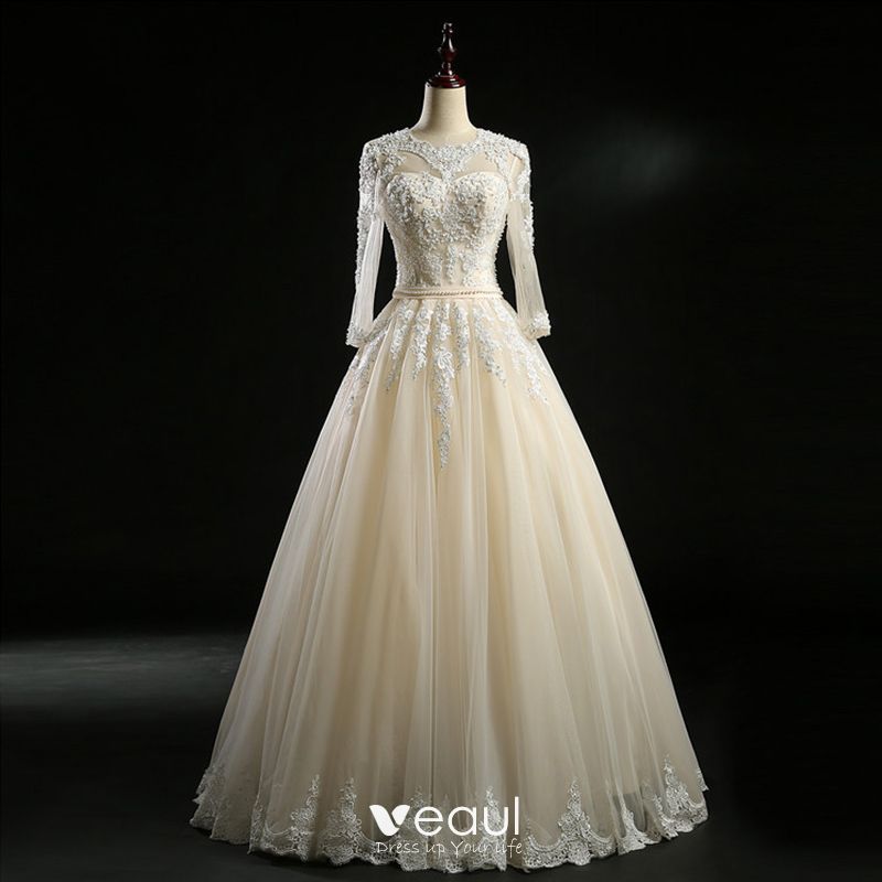 Classic Champagne Wedding Dresses 2018 Ball Gown Scoop Neck