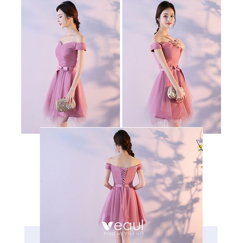 Affordable Candy Pink Bridesmaid Dresses 2018 A-Line / Princess Bow ...