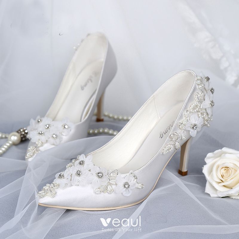 Luxury / Gorgeous White Wedding Shoes 2019 Leather Appliques Pearl ...