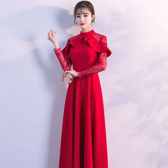 Chic / Beautiful Red Evening Dresses 2018 Empire Lace Flower High Neck ...