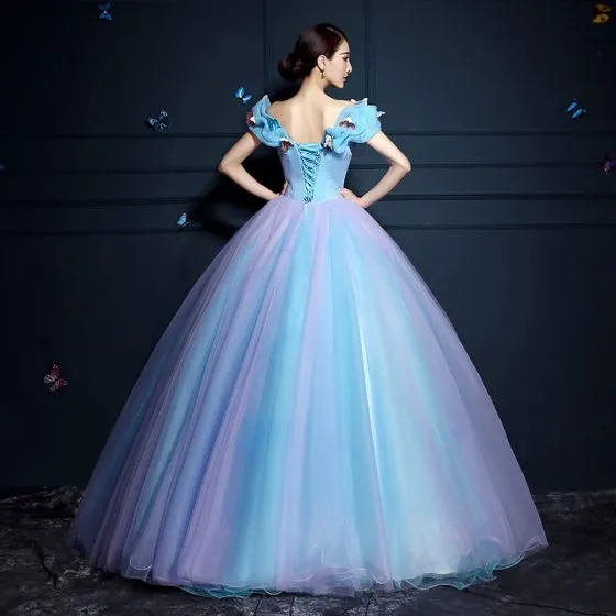 Cinderella Pool Blue Ball Gown Prom Dresses 2017 Tulle U-Neck Lilac ...