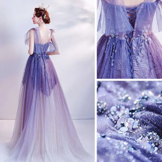 Chic / Beautiful Purple Glitter Tulle Prom Dresses 2021 A-Line ...