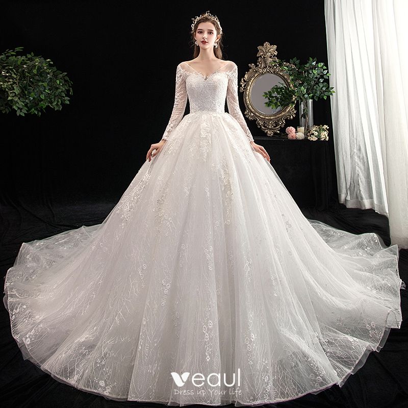 Charming Ivory Wedding Dresses 2020 A-Line / Princess V-Neck Beading