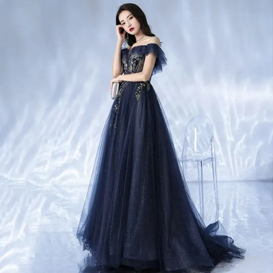 Fashion Navy Blue See-through Glitter Prom Dresses 2021 A-Line ...