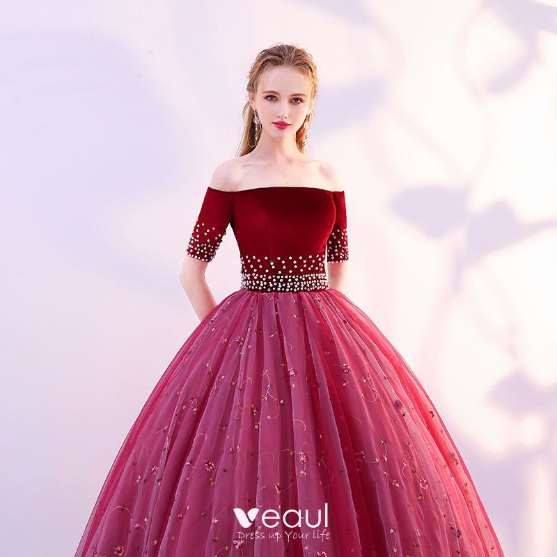 Elegant Burgundy Prom Dresses 2019 A-Line / Princess Off-The-Shoulder ...