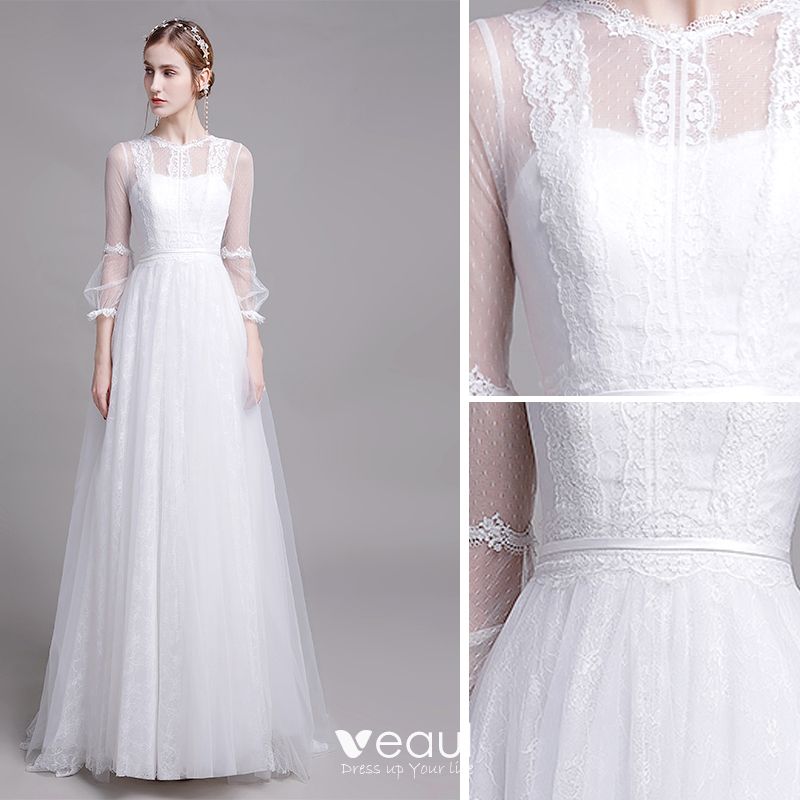 Modest Simple White Beach Wedding Dresses 2019 A Line Princess Scoop Neck Pearl Lace Flower 3 4 Sleeve Floor Length Long
