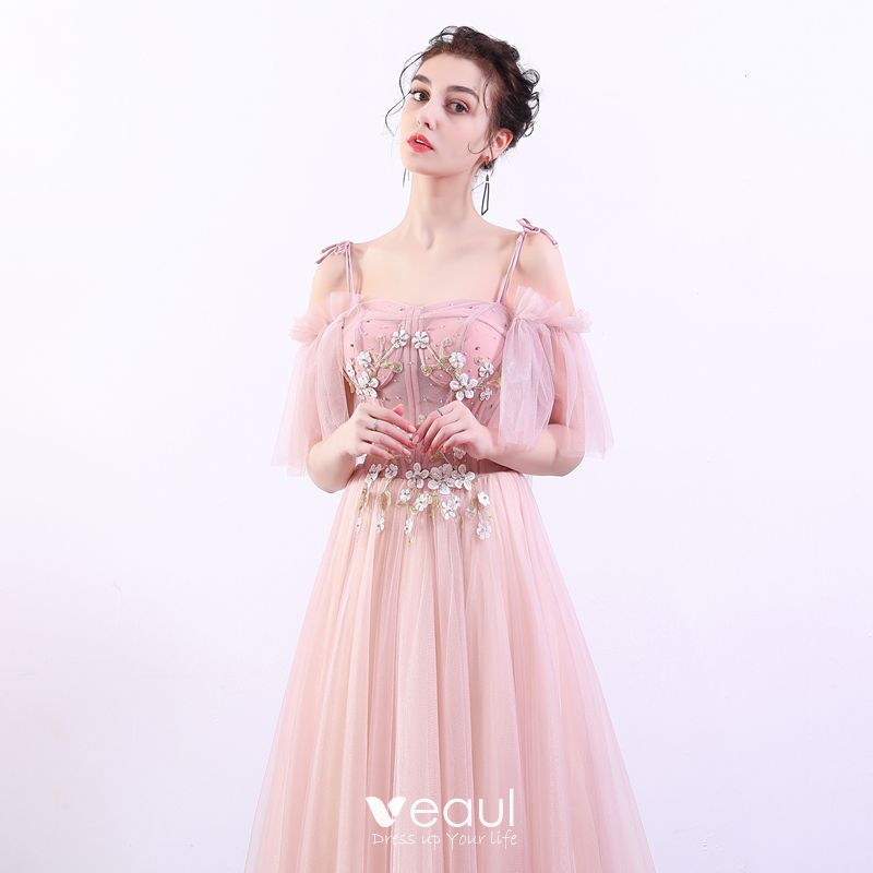 Elegant Candy Pink Prom Dresses 2019 A-Line / Princess Spaghetti Straps ...
