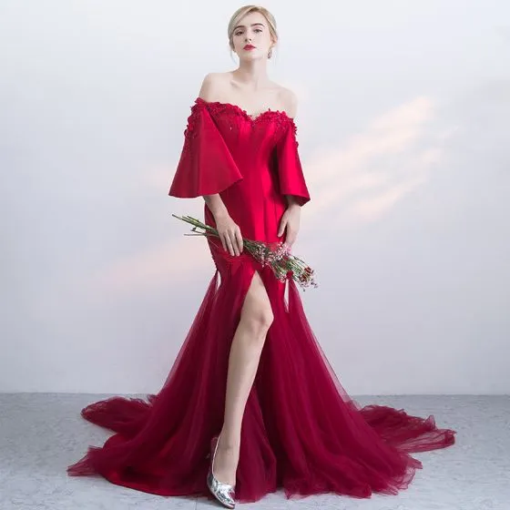 Modern / Fashion Burgundy Evening Dresses 2019 Trumpet / Mermaid Off ...