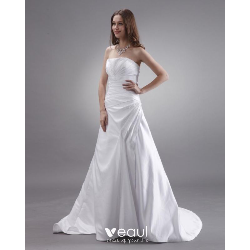 Strapless Beaded Ruffle Satin Court A-Line Bridal Gown Wedding Dress