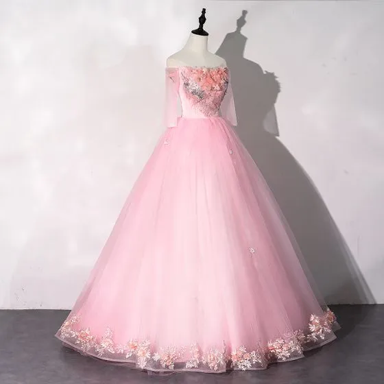 Flower Fairy Candy Pink Prom Dresses 2020 Ball Gown Off-The-Shoulder ...