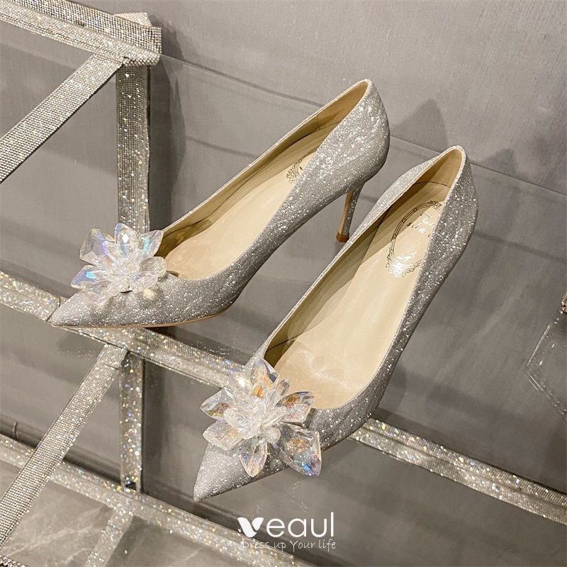 Cinderella Silver Crystal Wedding Shoes 2020 Leather Rhinestone 10 cm  Stiletto Heels Toe