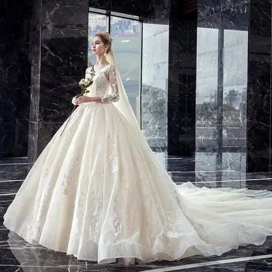 Elegant Ivory Wedding Dresses 2019 A-Line / Princess Scoop Neck Beading ...