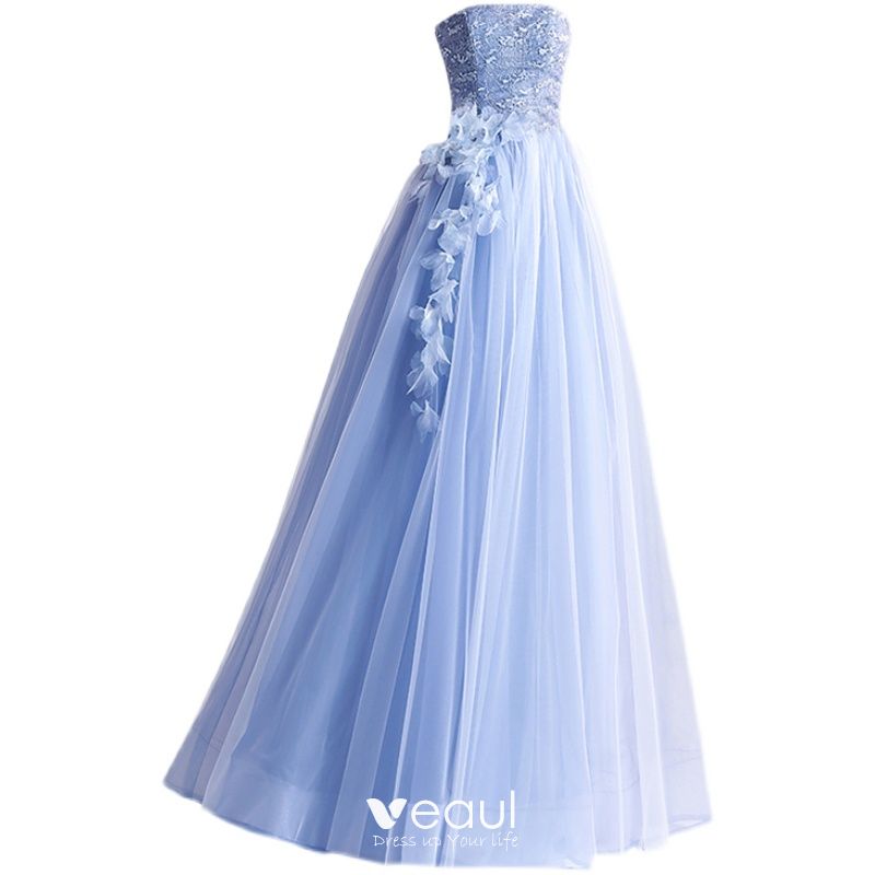 Modern / Fashion Sky Blue Lace Flower Prom Dresses Backless 2021 A-Line ...