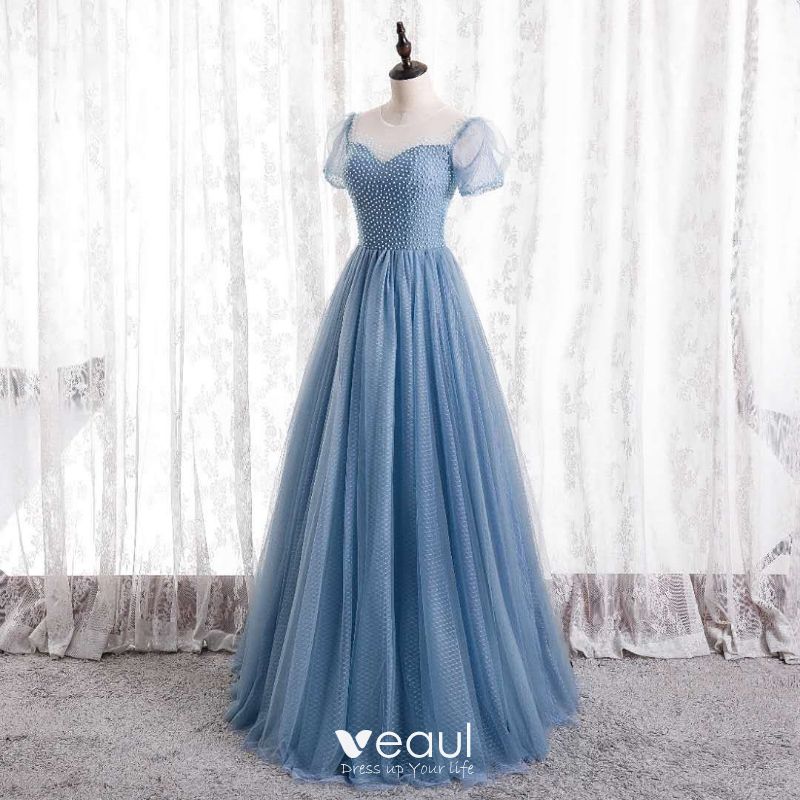 Charming Pool Blue Beading Prom Dresses 2021 A-Line / Princess Scoop ...