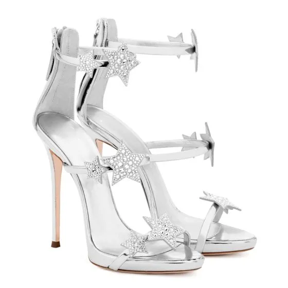 silver open toe high heels
