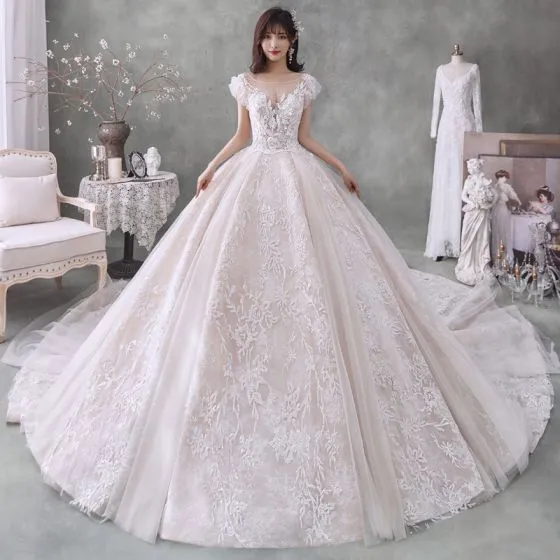 Romantic Champagne Bridal Wedding Dresses 2020 Ball Gown See-through ...