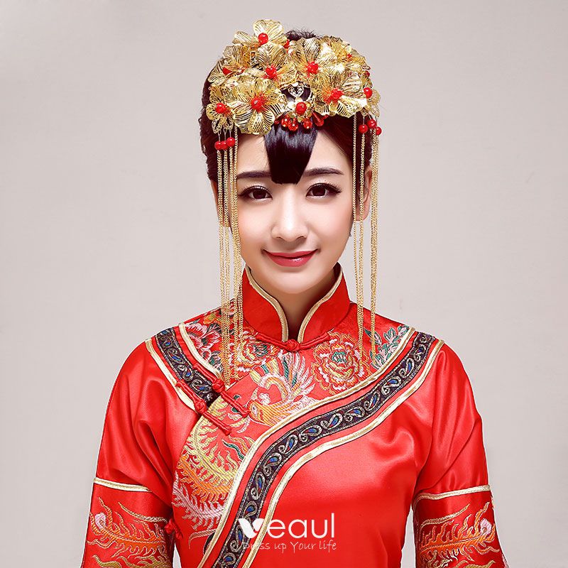 Chinese Style Bridal Headpiece Golden Wedding Hair Accessories Wedding ...