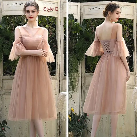Affordable Brown Bridesmaid Dresses 2021 A-Line / Princess Short Sleeve ...
