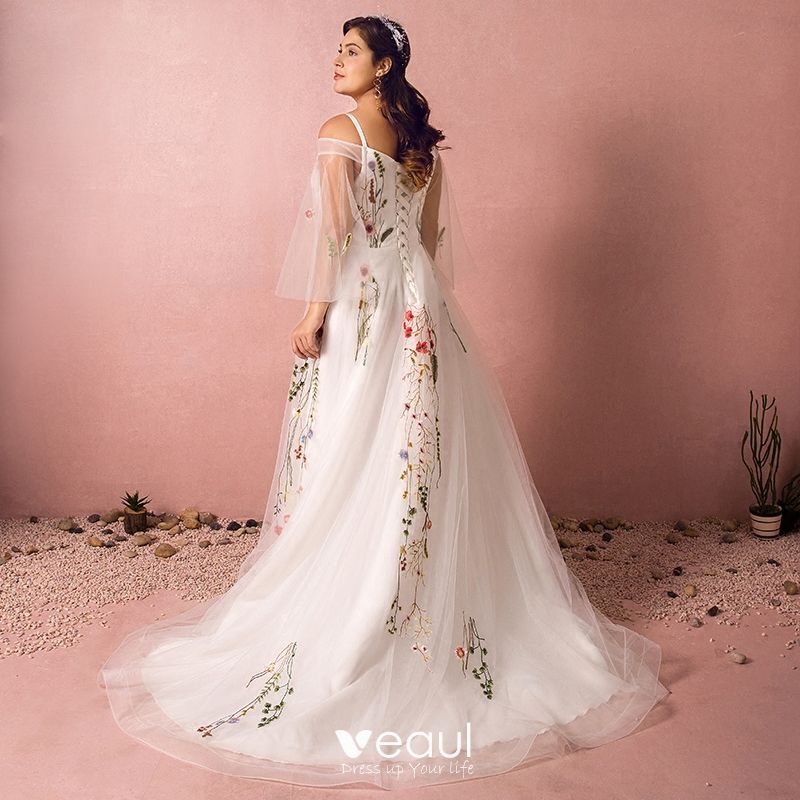 Flower Fairy White Plus Size Prom Dresses 2018 A-Line / Princess V-Neck ...