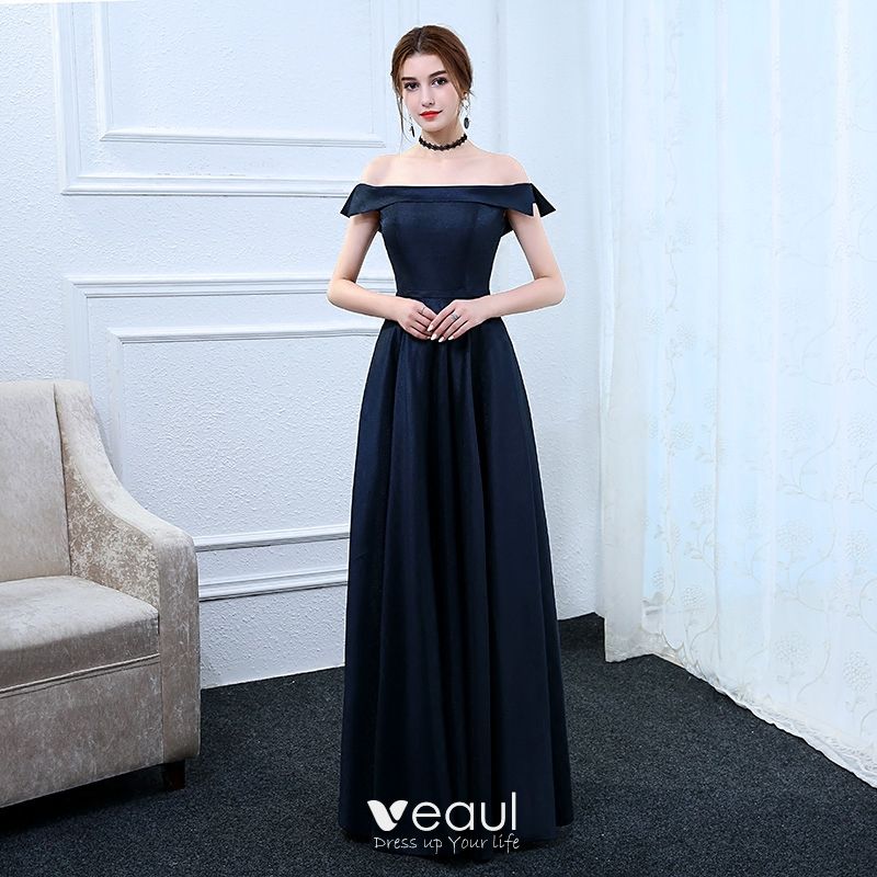 Modest Simple Navy Blue Evening Dresses 2017 A Line Princess Off   Modest Simple Navy Blue Evening Dresses 2017 A Line Princess Off The Shoulder Short Sleeve Floor Length Long Ruffle Backless Formal Dresses 800x800 