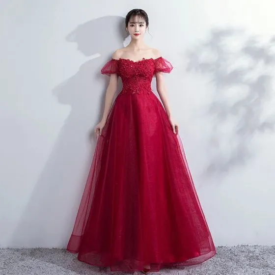 Aclarar miel Misión Elegant Burgundy Prom Dresses 2018 Empire Lace Flower Crystal Beading  Off-The-Shoulder Backless Sleeveless Floor-