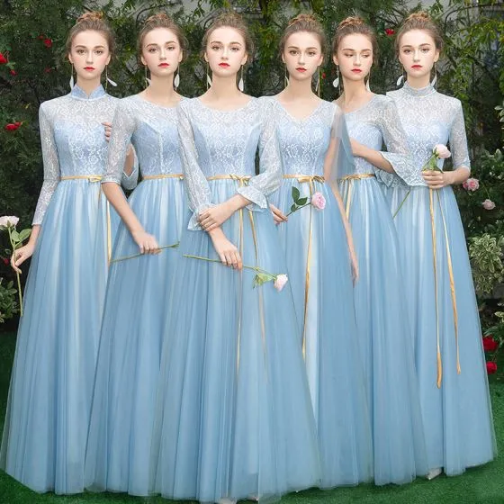 Affordable Pool Blue Bridesmaid Dresses 2019 A Line Princess Sash Floor Length Long Ruffle Backless Wedding Party