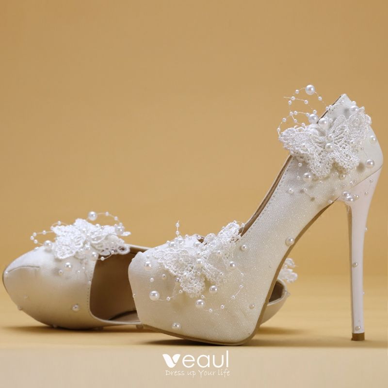 Women Lace Flower Pearls Wedding Shoes High Heel Platform Bridal Pumps Stilettos 
