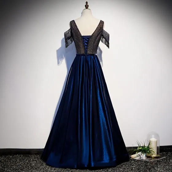 Best Royal Blue Satin Evening Dresses 2020 A-Line / Princess V-Neck ...