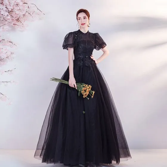 Elegant Black Lace Flower Prom Dresses 2021 A-Line / Princess High Neck ...