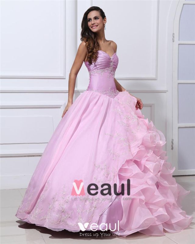 Ball Gown Taffeta Organza Beading Applique Ruffle Sweetheart Floor Length Quinceanera Prom Dresses 