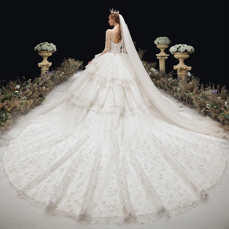 Luxury Gorgeous Ivory Beading Cascading Ruffles Wedding Dresses