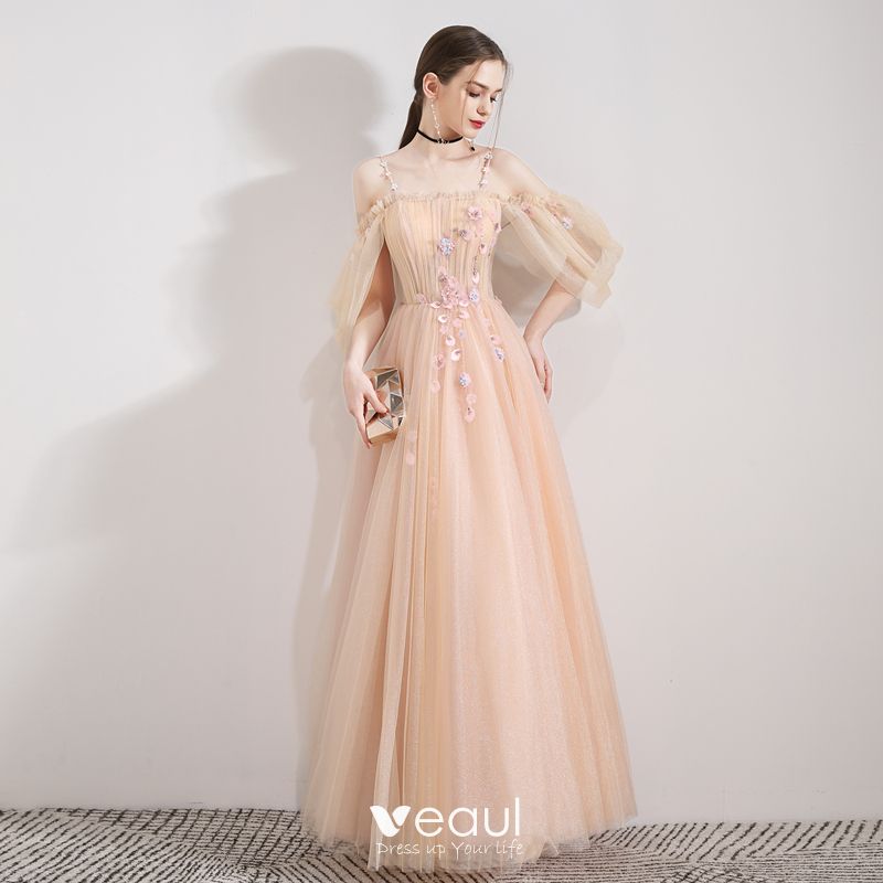 Elegant Champagne Evening Dresses 2019 A-Line / Princess Spaghetti ...