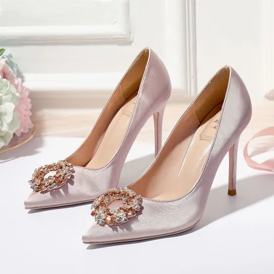 Chic / Beautiful Champagne Wedding Shoes 2020 Satin Rhinestone 10 cm ...