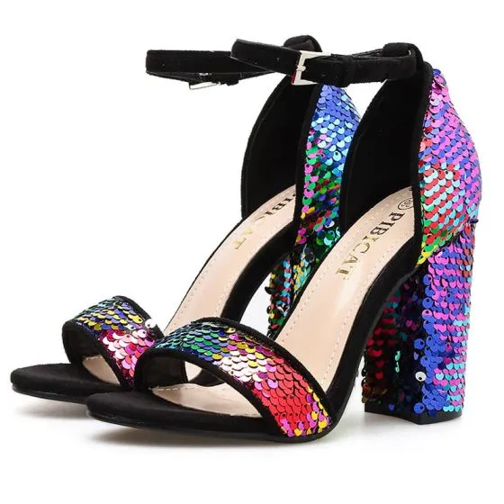 Chic / Beautiful Black Rainbow Sequins Cocktail Party Womens Sandals ...