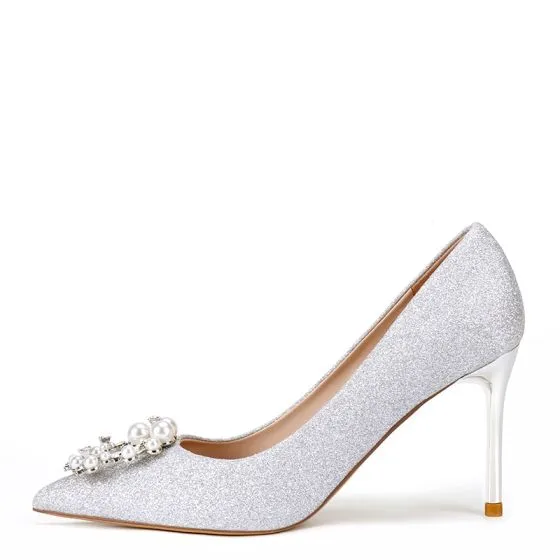 Fashion Glitter Silver Wedding Shoes 2020 Sequins Pearl Rhinestone 8 cm ...