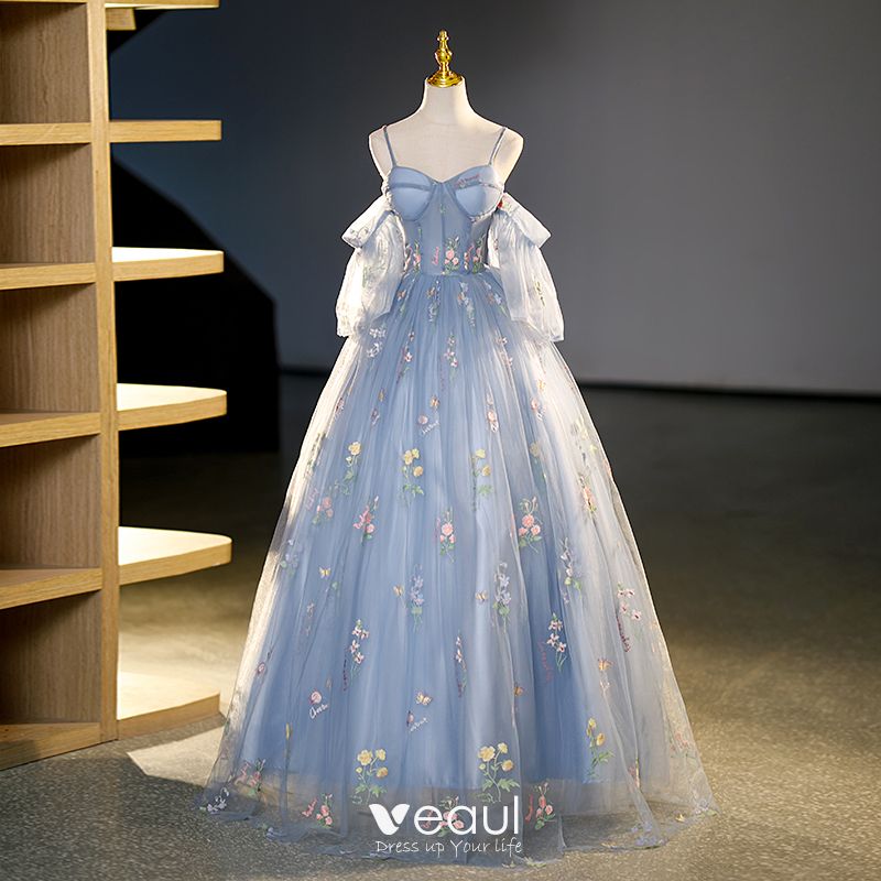 Romantic Sky Blue Floral Dresses A-Line / Princess Spaghetti Straps Sleeveless / Long