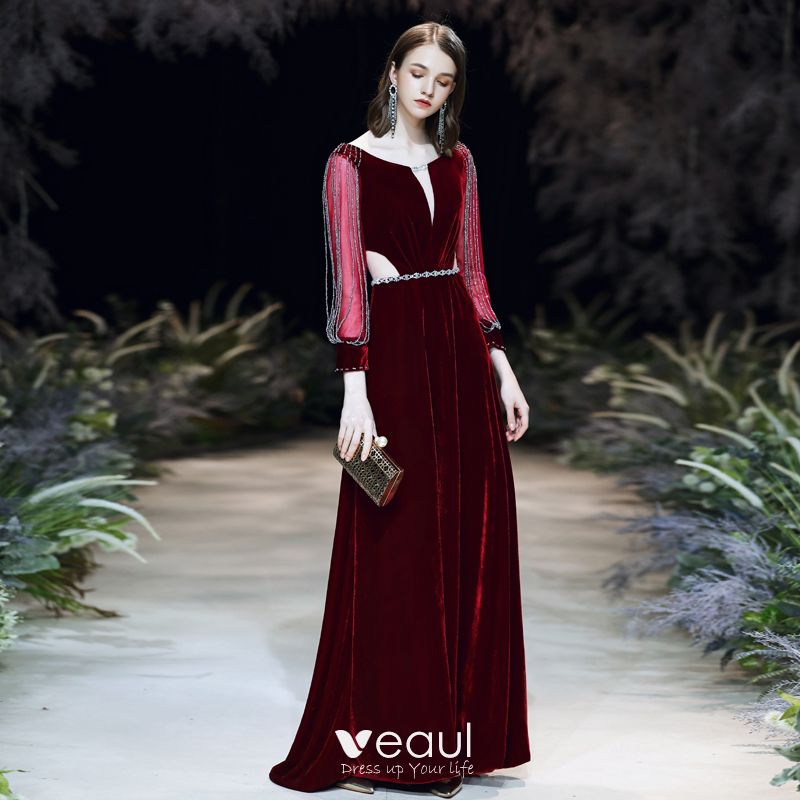 Affordable Black Velour Evening Dresses 2020 A-Line / Princess See ...